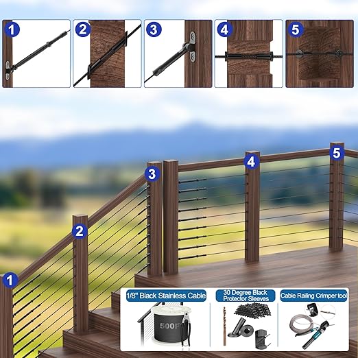 BLIKA 80 Pack Black Stainless Steel Protector Sleeves for 1/8" Deck Cable Railing, for Wood/Composite Posts, T316 Marine Grade, Black Cable Railing Protector Sleeves