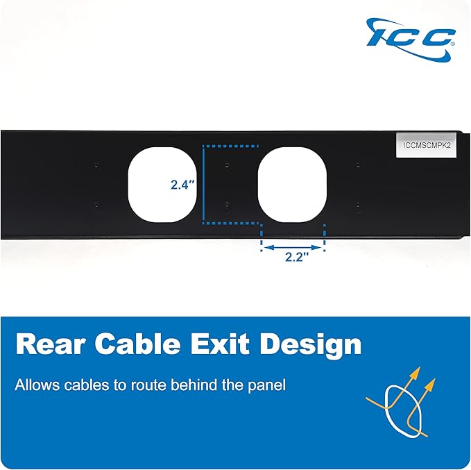 ICC 2U Ring Cable Manager Panel with Cover, Metal, 3" D-Rings, Horizontal Cable Management, Rackmount for 19” Network Racks, Black, Single Pack