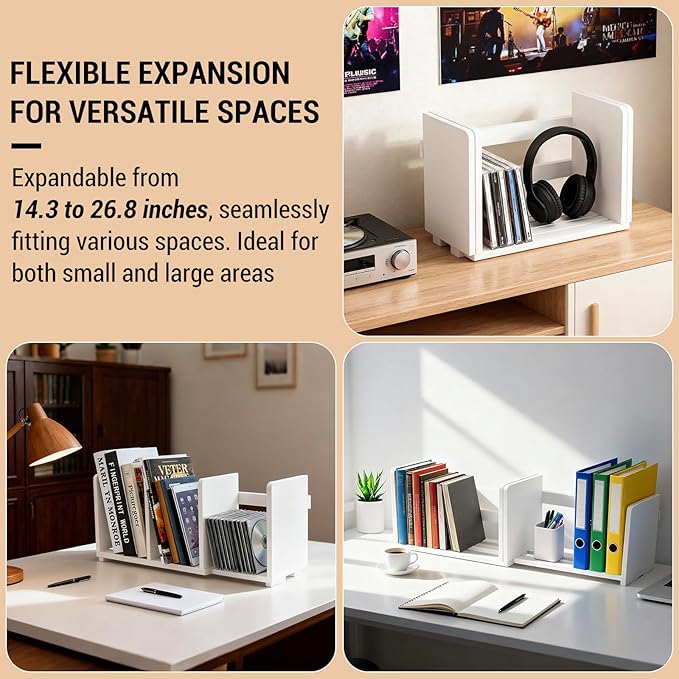MyGift White Wood Desktop Bookshelf Organizer, Expandable Adjustable Display Shelf Book Rack