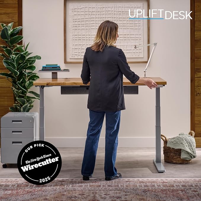UPLIFTDESK V3 2-Leg Maple Laminate Wood Standing Desk – Adjustable Height, Advanced 1-Touch Memory Keypad, Under Desk Cable Management, Wire Grommets & Rocker Board (Black C-Frame, 60 x 30 inch)