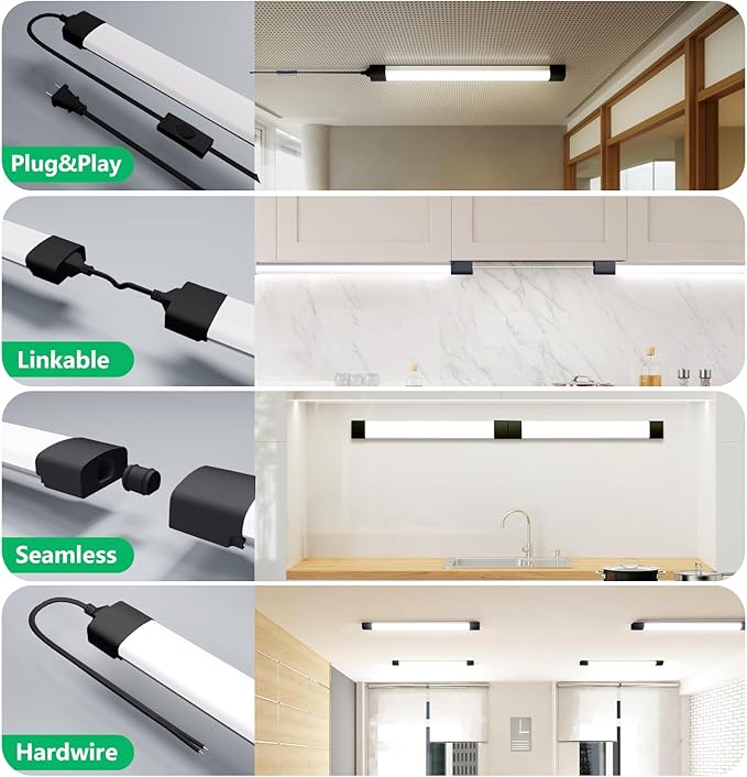 Modlicht Plug in Light Fixture 2FT Linkable 5000K Under Cabinet Lighting, LED Tube Light Fixture with Plug, Triproof Ceiling Wall Light for Closet Workbench Kitchen Basement Garage