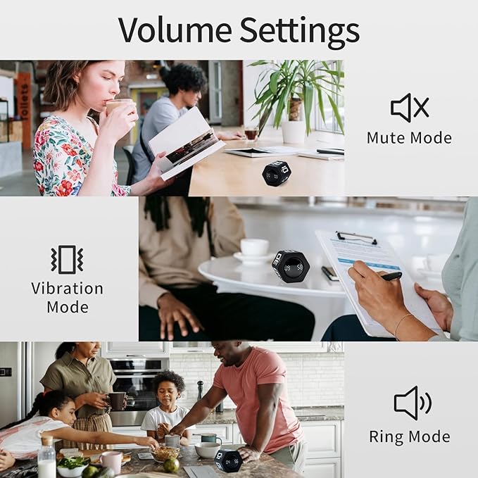Productivity Timer Flip Gravity Sensor Cube Timer Countdown & Countup,Mute & Vibrate & Sound，5/10/30/60min & Custom Timing, Perfect for ADHD,Work,Learning,Kitchen Cooking (2, Black Hexagon)