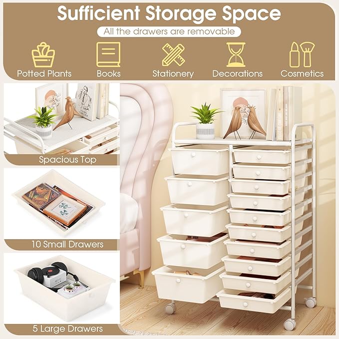 COSTWAY 15-Drawer Rolling Storage Cart, Mobile Utility Cart with Heavy-duty Frame & Lockable Wheels, Multipurpose Storage Organizer Cart for Tools, Paper, Drawer Cart for Home, Office, School, White