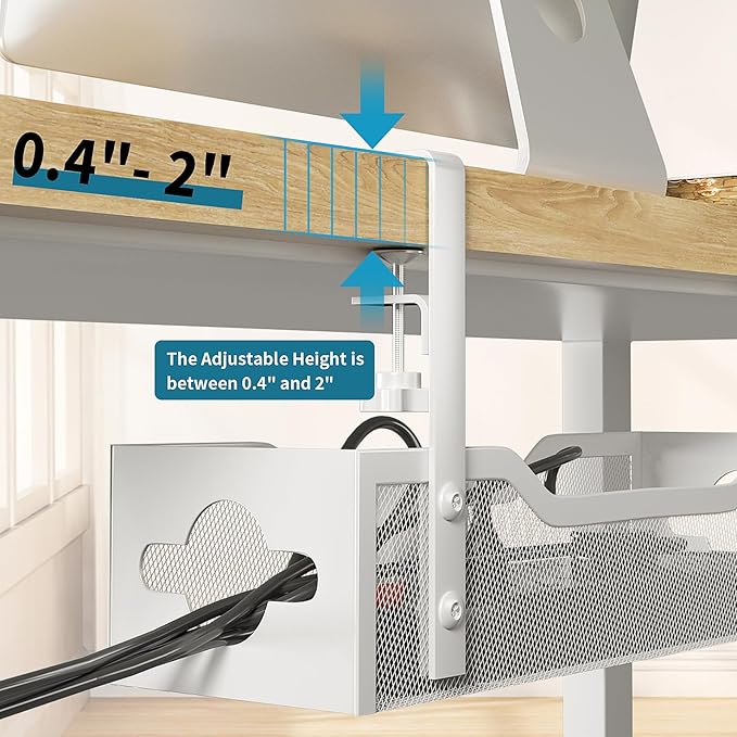 Under Desk Cable Management Tray No Drill, 13.38'' Metal Tray with Clamp for Wire Management, Litwaro Cord Organizer Home Office Damage to Standing Desk, White