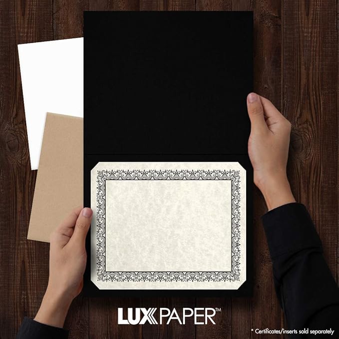 LUXPaper 9.5" x 12" Certificate Holders | Black Linen | Embossed Silver Foil Floral Border | 100lb. Cover | 250 Qty