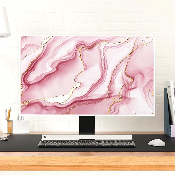Baocicco Gold Pink Marble Waterproof Computer Monitor Dust Cover 26, 27, 28 Inch Monitor Accessories Laptop TV LCD Screen Decoration for Tablet Anti-Static Dustproof Protective for Home Office