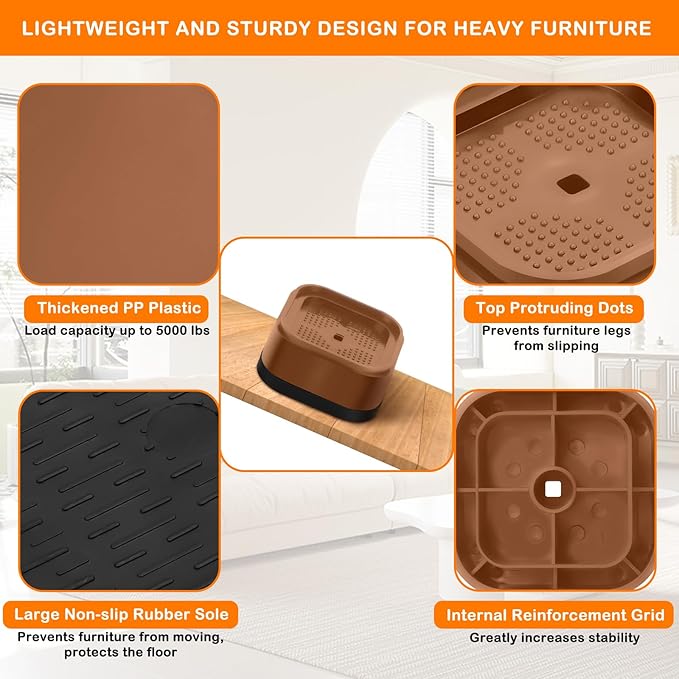 shouwuhho 4 Pack Furniture Risers Adjustable Bed Risers Heavy Duty Lifts Height 1", Square Stackable Bed Risers 1, 2 or 3 Inch for Desk Leg Table Couch Sofa Chair Bed Frame Legs Dorm, Brown