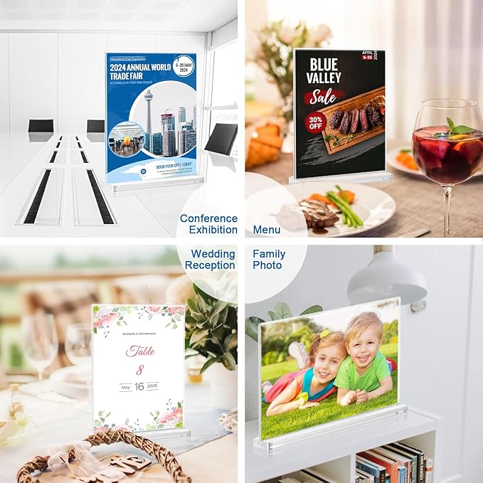 BlueValley 4x6 Acrylic Sign Holder, 12 Pack Plexiglass Picture Frame Double Sided Clear Display, Tabletop Menu Sign Holders Vertical Plastic Paper Sign Stand for Office Desktop, Restaurant, Store, Fair & Events