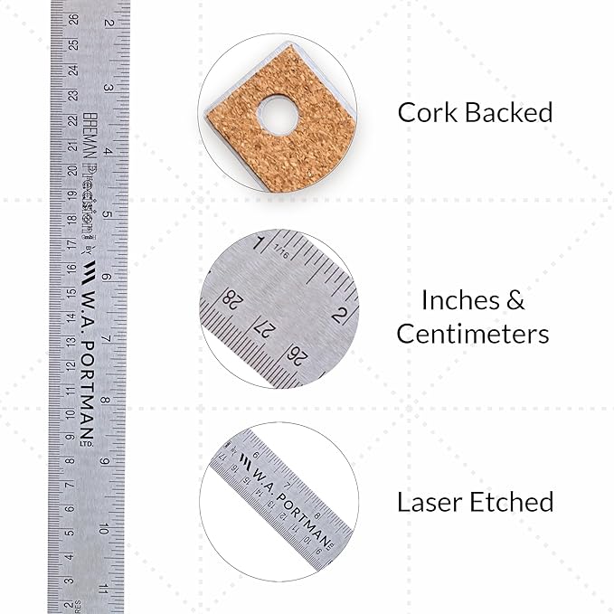 Breman Precision Metal Ruler 12 Inch Cork Back – Stainless Steel Straight Edge, Flexible Non-Slip Metal Ruler with Cork Backing – Imperial & Metric for Crafting, School, Workshop & Home Use