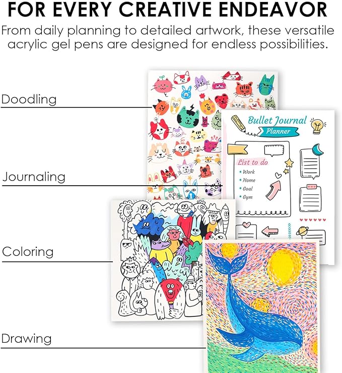 Grabie 12Colors Acrylic Gel Pens&Coloring Book, Medium Point Colored Gel Pens, Acrylic Gel Ink Pen Assorted Colored for Drawing, Note Taking, Bold&Bright Coloring Kit, Set of 12 (Essential Colors)