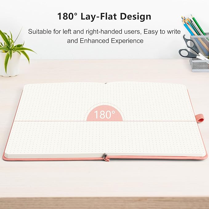 RETTACY Bullet Dotted Journal Notebook, 256 Pages, A5 Medium Size (5.7'' × 8.3''), Leather Hardcover, 120 GSM Thick Paper, for Bullet Journaling, Planning, Tracking (Pink)