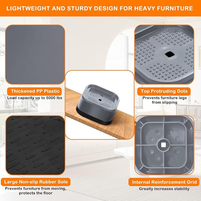 shouwuhho 4 Pack Furniture Risers Adjustable Bed Risers Heavy Duty Lifts Height 1", Square Stackable Bed Risers 1, 2 or 3 Inch for Desk Leg Table Couch Sofa Chair Bed Frame Legs Dorm, Gray