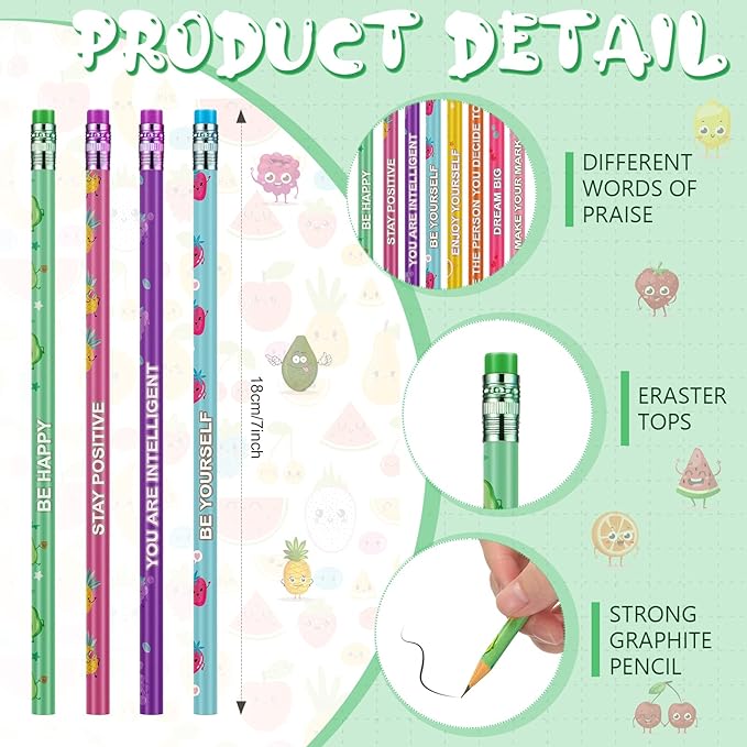 Leinuosen 60 Pcs Scented Pencils Bulk for Kids Inspirational Cute Fun Wood Smelly Pencils with Erasers Fruit Elements for School Classroom Office Students