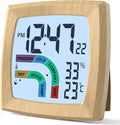 VOILEIPAGI Travel Alarm Clock Bedside Clock with Auto Backlight, Battery Powered Alarm Clock Temperature and Humidity, Second, Date, 12/24H, Wood Grained Small Clock Digital Alarm Clocks for Bedrooms