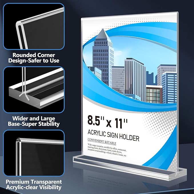 Eocnrhe Acrylic Sign Holder 8.5 x 11 12 Pack, Double-Sided Clear Sign Holder Plastic Stands for Display, Table Sign Stands, T Shape Flyer Holder
