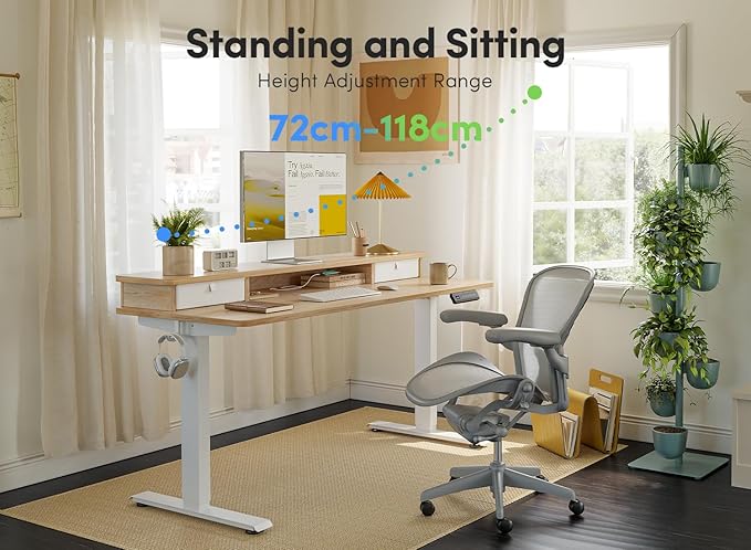 FEZIBO 55 x 24 Inch Height Adjustable Electric Standing Desk with Double Drawer, Computer Desk, Home Office Stand Up Table with 4 Height-Adjustable Feets & 2 Hooks, Light Rustic