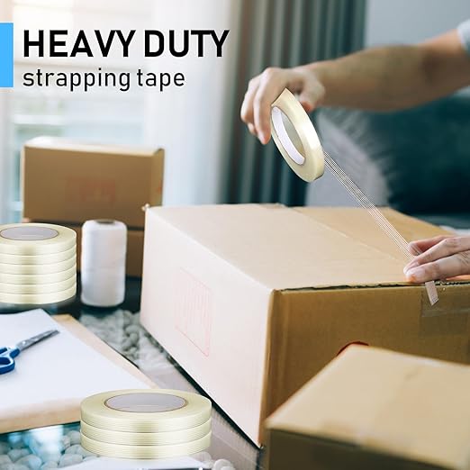 Treela 50 Rolls 1/2 Inch X 60 Yards Filament Strapping Tape 5.5 Mil Transparent Reinforced Fiberglass Heavy Duty Packing Shipping Tape for Sealing Binding Fixing