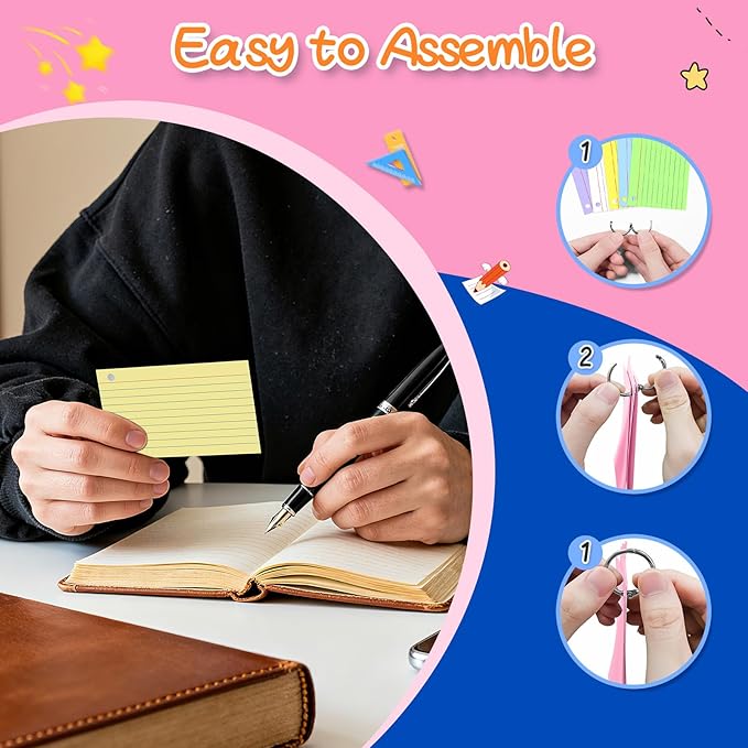 250 Count 3 x 5 Inch Colored Index Cards, Ruled Note Cards with Ring, Lined Flash Cards for Office Supply, Portable Note Taking Study Flashcards for Home and School