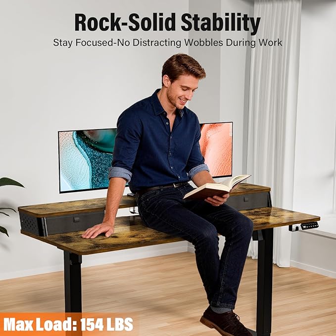Kingant 48 x 24 Inch Electric Standing Desk with Dual Drawers, Height Adjustable Sit to Stand Computer Desk with Storage Shelf and C-Clamp Mount Compatibility for Home Office, Rustic Brown