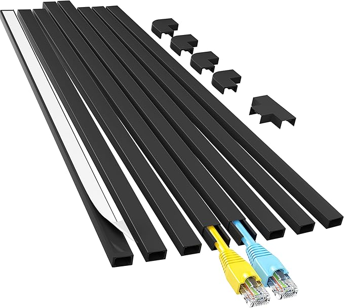 Yecaye Cord Hider, 113in Black Cord Covers for Wires on Wall, One-Cord Cord Organizer, Easy Install Cable Management Kit, Cable Cover Home Office, W0.59in H0.4in, Black
