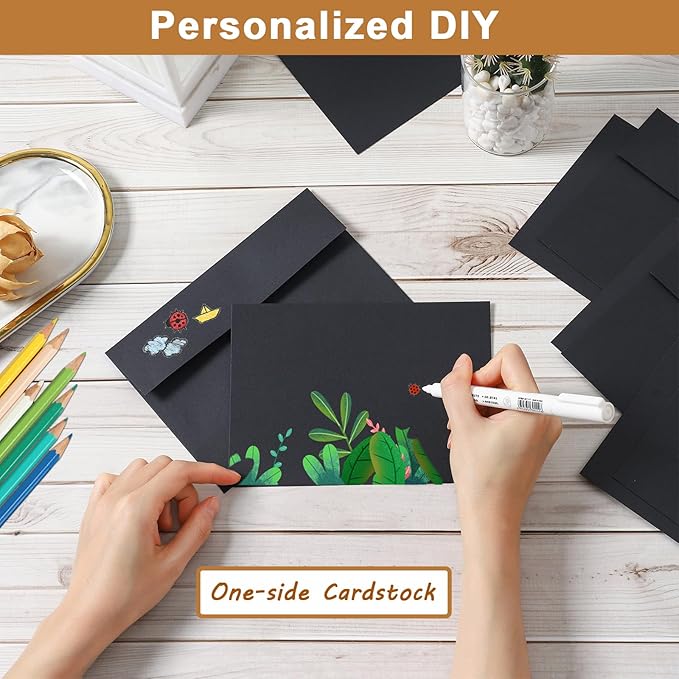 Silunkia Black Greeting Cards with Envelopes 4.25 x 5.5 Heavyweight Single Panel Cardstock and Printable A2 Envelopes Self Seal 20 Packs for DIY Wedding Invitations, Christmas, Birthday Party