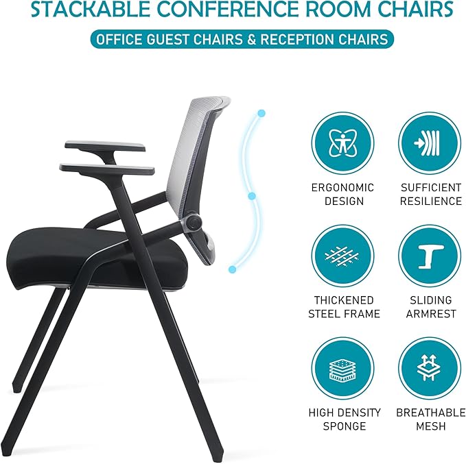 BLANEDUO Conference Room Chairs, Folding Office Desk Chair with Lumbar Support and Sliding Armrest with Casters, Stackable Office Guest Chairs & Reception Chairs(4 Pack)