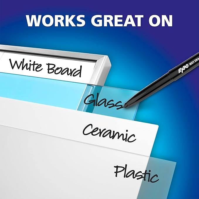 EXPO Wet Erase Markers, Semi-Permanent, Black, Fine Tip, 12 Count - For Writing on Glass, Whiteboards, Mirrors, Calendar, Labeling, Organizing