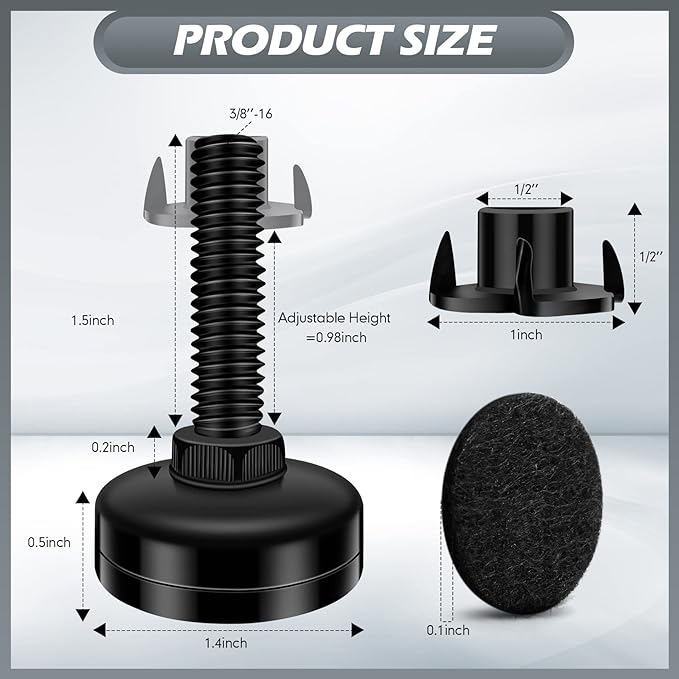 Holimax 10 Set Adjustable Furniture Leveling Feet, Adjustable Leg Levelers for Cabinets Sofa Tables Chairs, Heavy Duty Height Adjuster Furniture Levelers Foot with T- Nut Kit 3/8"-16 Thread, Black