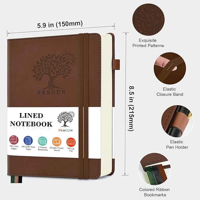 PERCUN Lined Journal Notebook for Men & Women, 160 Pages College Ruled Journal for Writing, A5 Hardcover Leather Notebooks for Work, School, Business, Travel, Daily Diary 5.9" x 8.5" (Brown)