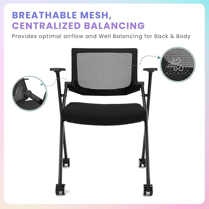 BROBRIYO, 10 Pack Stackable Conference Room Chairs with Wheels and Paddle, Ergonomic Mesh Back and Arms for Meeting, Conference, Reception, Training Room & Home Office Desk Folding Chairs, Black