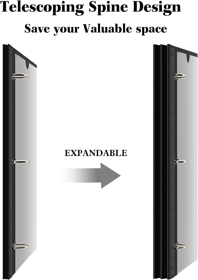 INFUN Telescoping 3 Ring Binder -1PCS-Black, Flexible Round Binder with Customizable Front Cover and Clear Catalog Pocket, 0.75 Inch Rings, Holds 160 Sheets 8.5x11 inch Paper