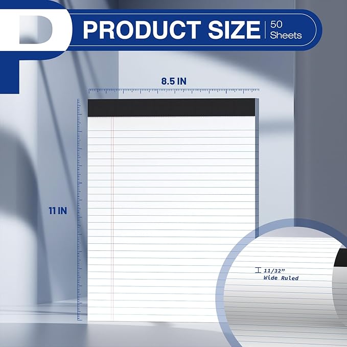 6-Pack Legal Pads 8.5"x11" Wide Ruled Note Pads - 300 Sheets (50/Pad) with Micro-Perforated Notepad & Chipboard Backing To-Do Lists Thick Lined Writing Paper Notebook for School & Office Supplies