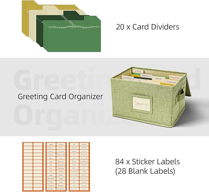 Vienrose Greeting Card Organizer Storage Box with 20 Removable Dividers, 84 Self-stick Labels, Perfect for Photos, Envelopes, Scrapbooking, Paper, Stickers Holder 1 Pack Grass Green
