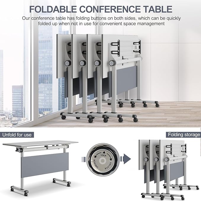 Conference Table,Folding Office Conference Room Tables On Wheels,Flip Top Mobile Folding Conference Table with White Tabletop Conference (2Pack160*60 * 75cm)