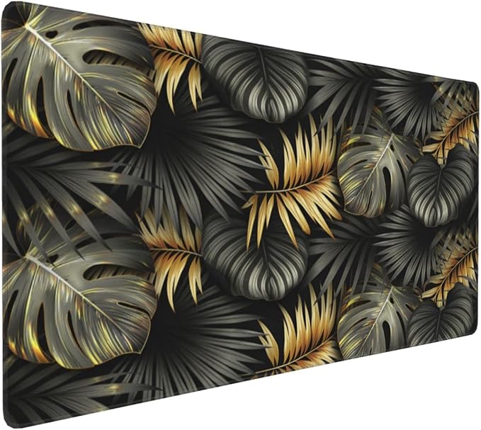 CANFLASHION Gaming Mouse Pad,Large Mouse Pads for Desk,Non-Slip Rubber Base Extended Mousepad,XXL Keyboard Mouse Mat,Stitched Edges Computer Keyboard Desk Pad,35.4x15.8inch,Black Gold Tropical Leaves