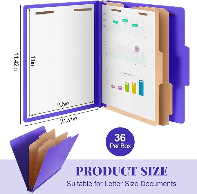 Skyygemm 36 Pcs Classification Folders Letter Size, 2 Divider Pressboard File Folders with 3. 5 Inch Expansion, 2 Prongs Fastener, Heavy Duty Office File Organizers for Teachers, Medical (Purple)