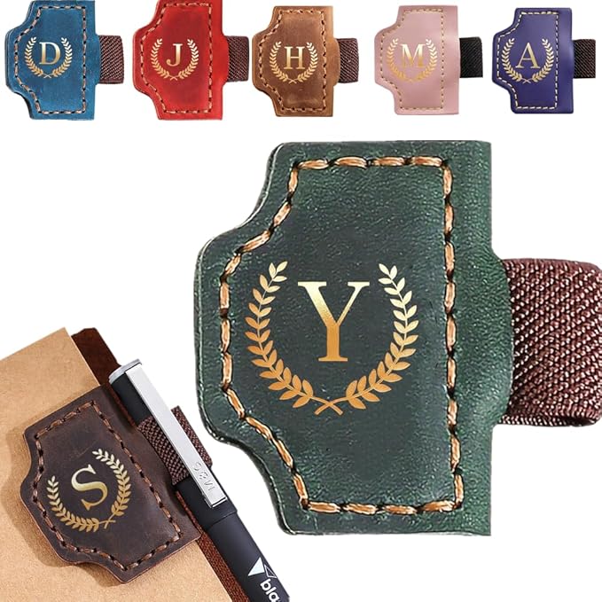 Personalized Mark Bookmark with Pen Holder, Leather Magnetic Book Marker 26 Letters,Custom Initials Page Marks, Gifts for Book Lovers Readers Men Women (Green, Y)