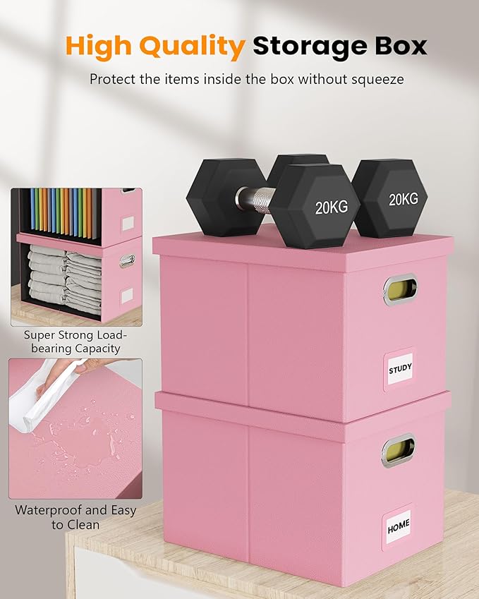 2 Pack Pink Leather File Storage Organizer with Lid - Portable Filing Box for Letter/Legal File Folder Storage