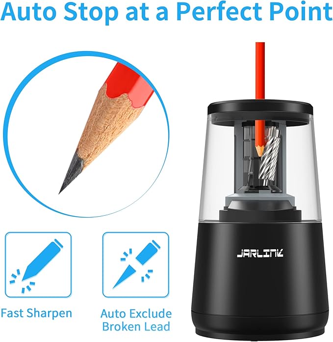 JARLINK Electric Pencil Sharpener, Heavy-Duty Helical Blade to Fast Sharpen, Auto Stop for No.2/Colored Pencils(6-8mm), AC Adapter/Battery Operated in School Classroom/Office/Home (Black)