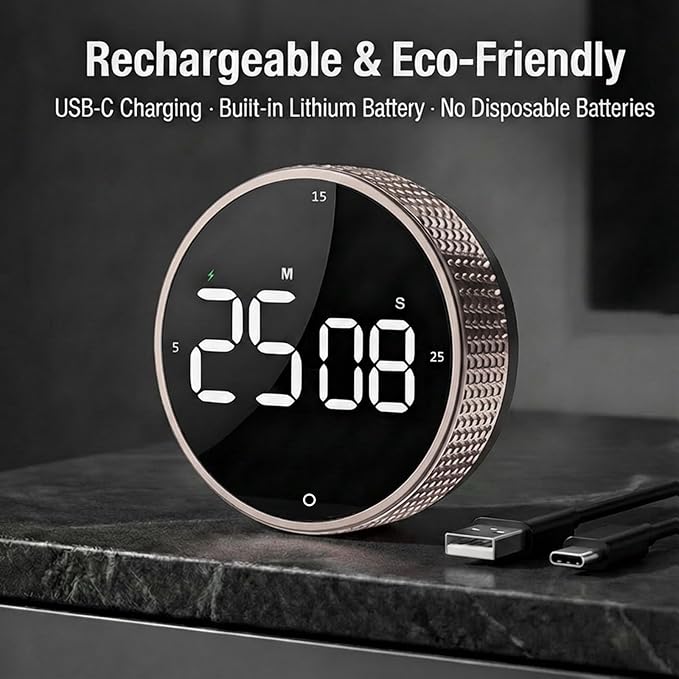 Rechargeable Magnetic Kitchen Timer,LED Countdown/Up Timer, Supports USB-C Charging,with Loud Alarm,3 Preset Quick Times(5/15/25m),Perfect for Kitchen Cooking, Studying, and Fitness (Brown)