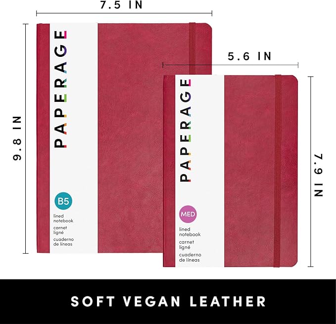 PAPERAGE Softcover Lined Journal Notebook (Red), 176 Pages, Large B5 College Ruled Notebook, 7.5 inches x 9.8 inches - 100 GSM Thick Premium Paper, Soft Vegan Leather Journal for Home, Work & School