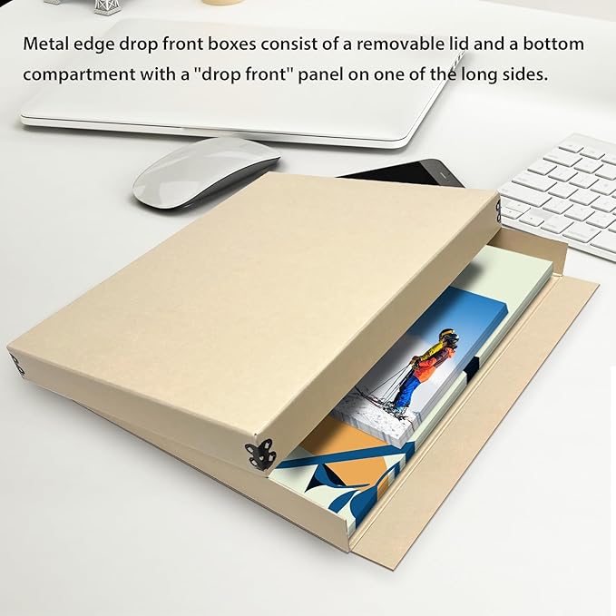 Lineco Museum Storage Box Tan, 8"x10"x1.5", Archival Boxboard, Drop-Front Design with Metal Edge. Organize, Store and Preserve Photographs, Prints, Documents, Art, Ephemera, Family Records