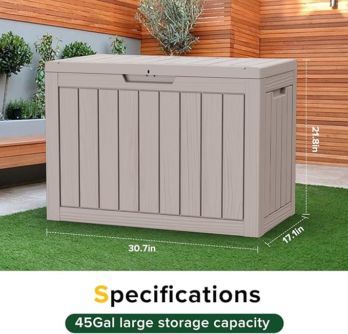 Yardgrace 45 Gallon Patio Storage Box - Waterproof Deck Box for Outdoor Toys, Space-Saving Resin Chest with Lock for Cushions & Pool Gear, UV-Resistant, Ash Grey