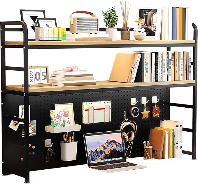 ZWCQSYS 2-Tier Desktop Bookshelf Hutch - Metal Desk Shelf Bookcase with Desk Pegboard Countertop Storage Organizer Rack for Dorm or Office (B, 110cm/43in)