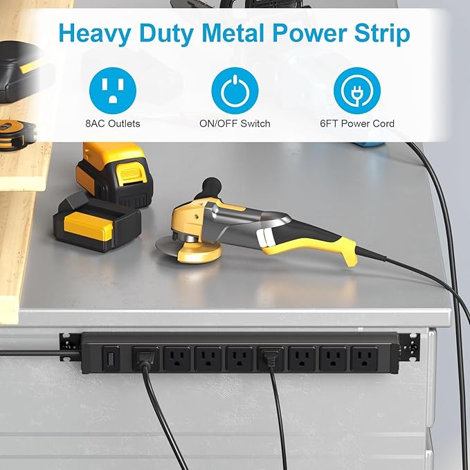 HHSOET 2 Pack Metal 360° Rotating Mountable Power Strip, 8 Outlet Gaming Table Mounted Long Power Strip, Heavy Duty Wall Mount Surge Protector with Switch, 15A 125V 1875W, 10ft Power Cord.(Black)
