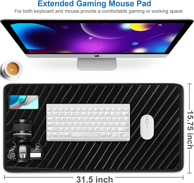 Large Mouse Pad, 31.5x15.7 inch Large Extended Computer Keyboard Mouse Mat, Water Resist Non-Slip Mousepad Rubber Base Long XXL Desk Mouse Pad for Work & Gaming, Office & Home, Grey Lines