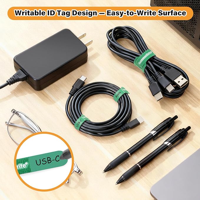 SummerBrite 70 Pack Assorted Cable Ties (4, 6, 8 Inch) Multi-Color with Writable Labels, Reusable Cord Organizer Straps, Hook & Loop Wire Management for Electronics, Home Office, PC Desk & Travel