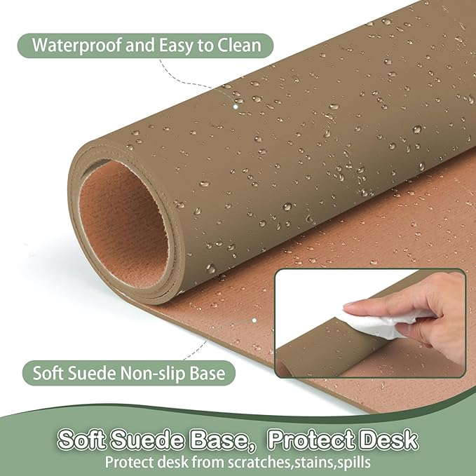 Boutilon Leather Desk Pad Protector,Non-Slip Mouse Pad,Laptop Desk Pad,Office Mouse Mat,Waterproof Leather Desk Blotter,Desk Writing Pad for Office and Home (L-Dark Apricot,35"x 17")