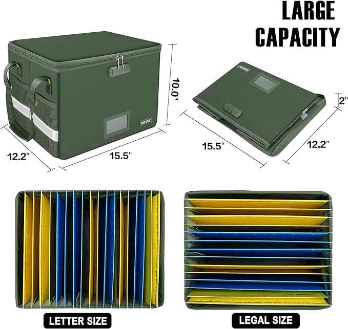 ENGPOW File Box with Lock, Fireproof Document Box with Pockets, Collapsible File Organizer Filing Storage Cabinet with Handle, Portable Home Office Safe for Hanging Letter/Legal Folders,Green,2 Pack