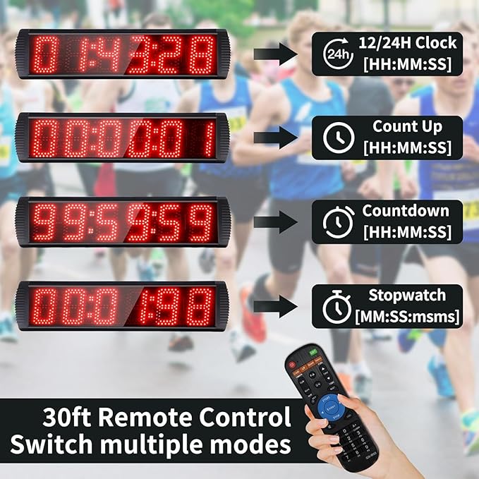 5 Inch 6-Digit LED Race Timer, Running Event Gym Timer for Countdown/Count Up, 12/24 Hour Real Time, Stopwatch with Remote Control, Portable Large Wall Clock（Button+Tripod）